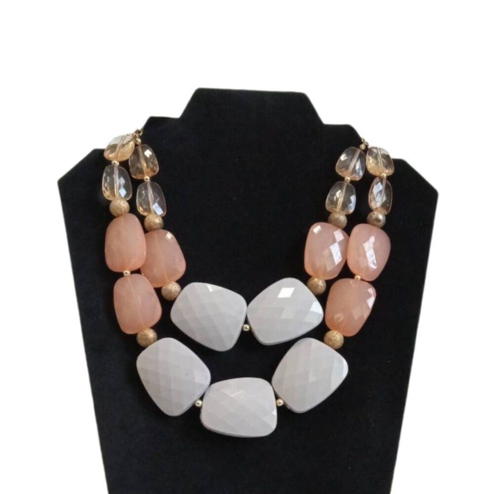 Coral and Light Gray Large Faceted Beaded Multi Strand Statement Style Necklace